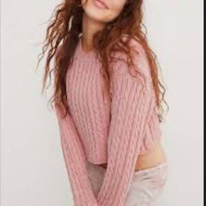 Aerie Cable Knit Crop Long Sleeve Pink Pullover Sweater Women's Size Large